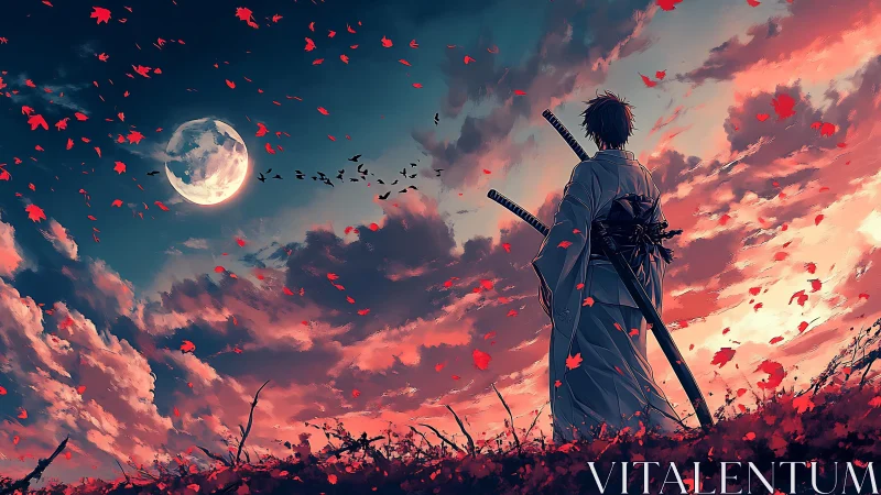 Moonlit swordsman quietly rewrites the wind with falling leaves