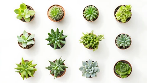 Twelve potted succulent plants are arranged in a grid layout