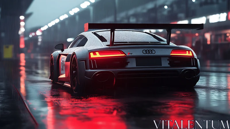 Rear view of Audi race car on wet illuminated pit lane.