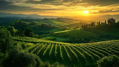 Sunlit hillside vineyards and cypress-lined ridges at sunset.