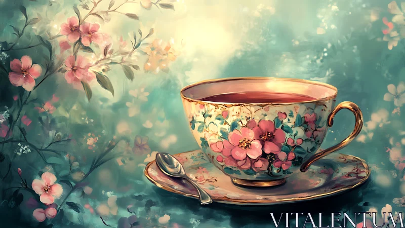 Morning tea in a dreamy floral cup and glowing garden light.