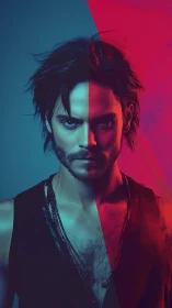 Split-lit male portrait explores dual color identity contrast