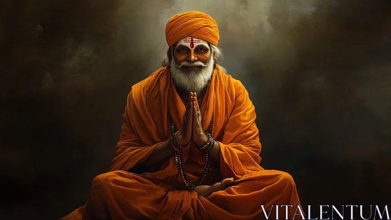 Orange-robed holy man in namaste pose, warm chiaroscuro lighting.