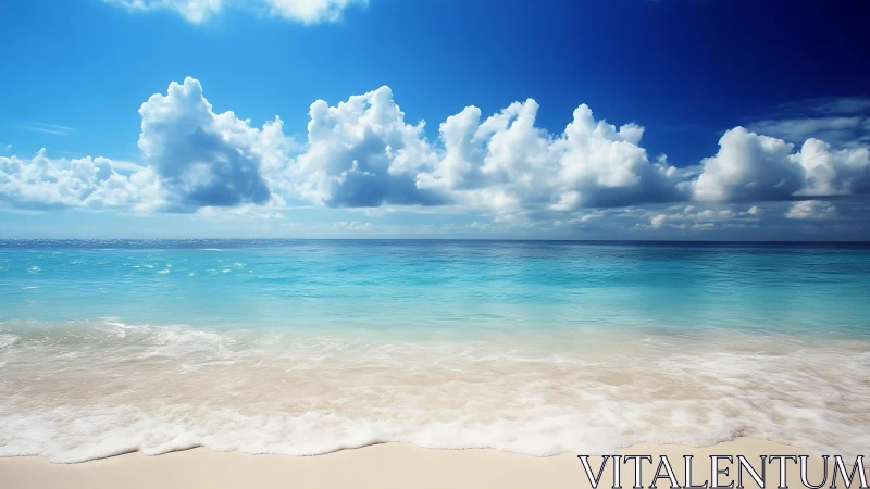 Calm turquoise waves wash onto a sunlit tropical beach