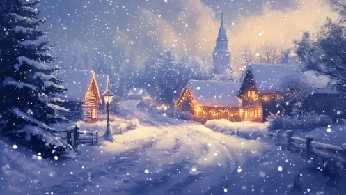 Snowy village street with glowing cabins and church tower.