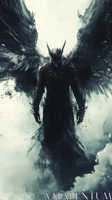 Dark winged angel silhouette emerging through storm clouds.