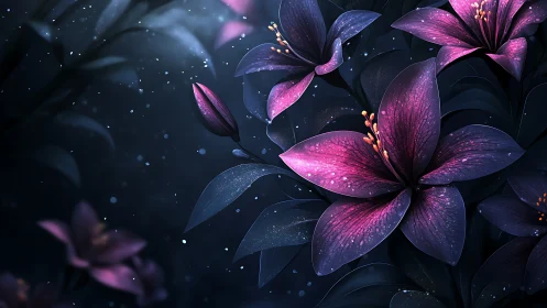 Luminescent Purple Flowers Against Dark Starry Background.