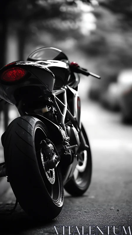 Rear perspective of modern sport motorcycle on city street.