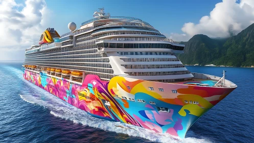 Photorealistic cruise ship with vibrant pop-art hull graphics.