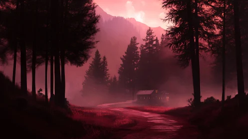 Lonely cabin in red forest valley at misty sunset.