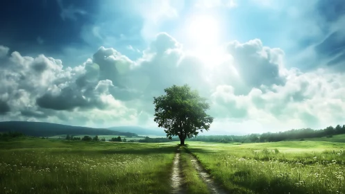 Solitary deciduous tree on rural dirt track under backlit sky