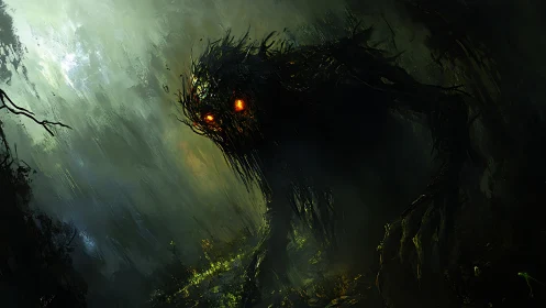 Swamp shadow creature stalks glowing forest floor at dusk