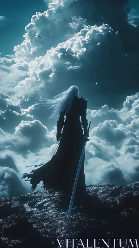 Stormlit swordsman at the edge of the skybound abyss.