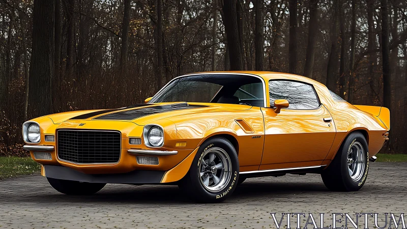 Restored second-gen Camaro in vivid orange with black hood stripes