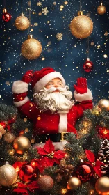 Joyful Santa celebrates under sparkling Christmas baubles