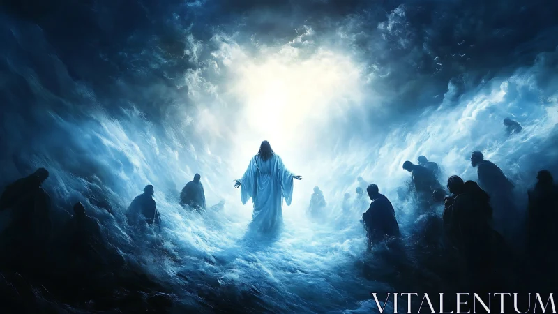 Central robed figure in luminous cloudscape with observers.