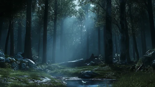 Mystical forest pathway shrouded in ethereal mist and dappled light