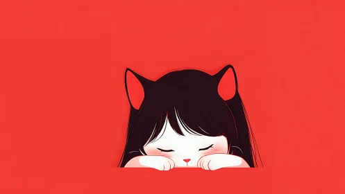 Minimalist chibi cat-girl portrait uses flat red background plane