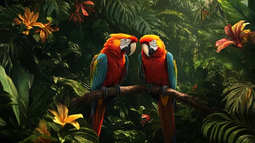 Scarlet macaw pair on branch in dense tropical foliage.