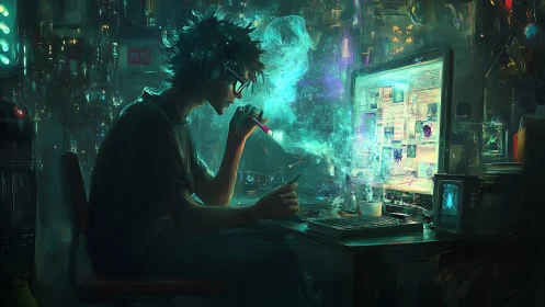 Cyberpunk hacker workstation in neon vaporwave palette.