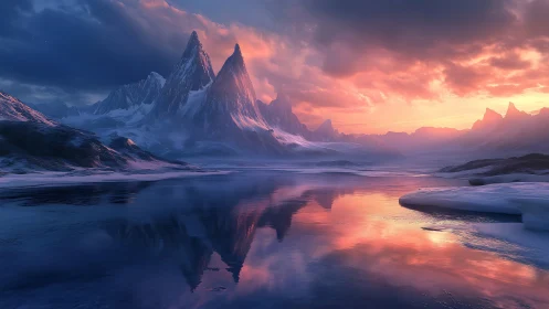 Frozen spires drink the sunrise fire in mirrored stillness