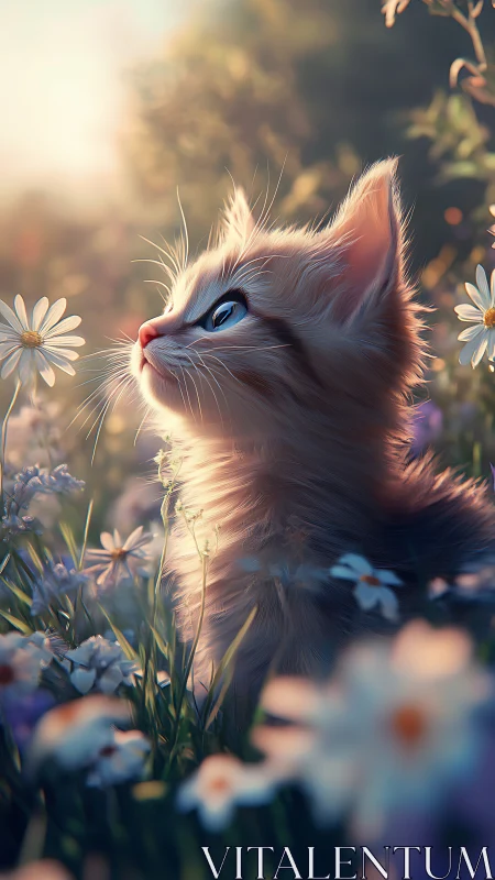 Golden-hour kitten studies light within soft wildflower field