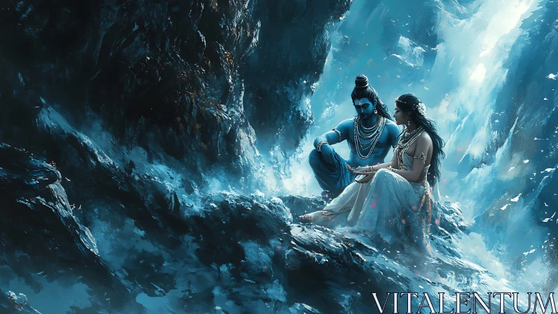 Divine lovers rest amid roaring blue celestial waterfalls.