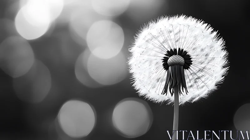 Monochrome close view shows single dandelion seed head