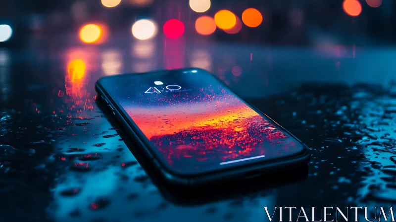 Neon dusk smartphone close-up on wet urban surface at night.