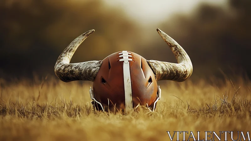 Horned football helmet resting in dry field at sunset.
