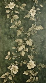 Monochrome climbing florals on deep textured green ground.