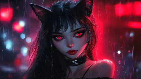 Cat eared woman with red eyes in neon city rain scene.