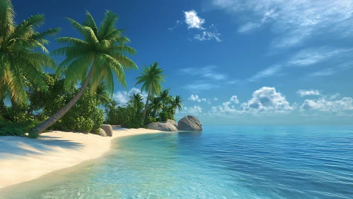 Tropical Beach Scene with Palm Trees, Sandy Shore, and Clear Ocean