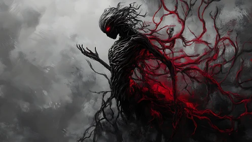 Shadow wraith formed from red tendrils stalks stormed void