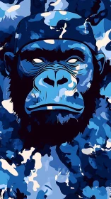 Stylized blue gorilla portrait with abstract camouflage pattern.