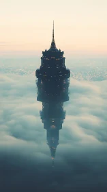 Vertical neogothic tower mirrored in atmospheric cloud inversion