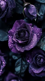 Deep Purple Roses Glistening with Dewdrops. Moody Floral.