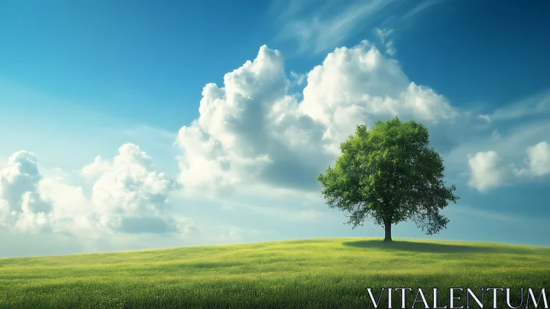 Lone Tree on Green Hill Under Blue Sky, Photorealistic Landscape.