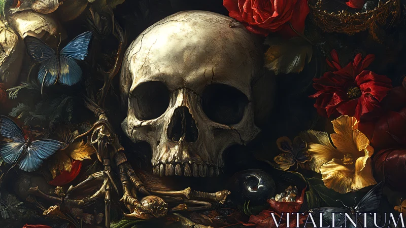 Human skull amid butterflies, flowers and organic debris.