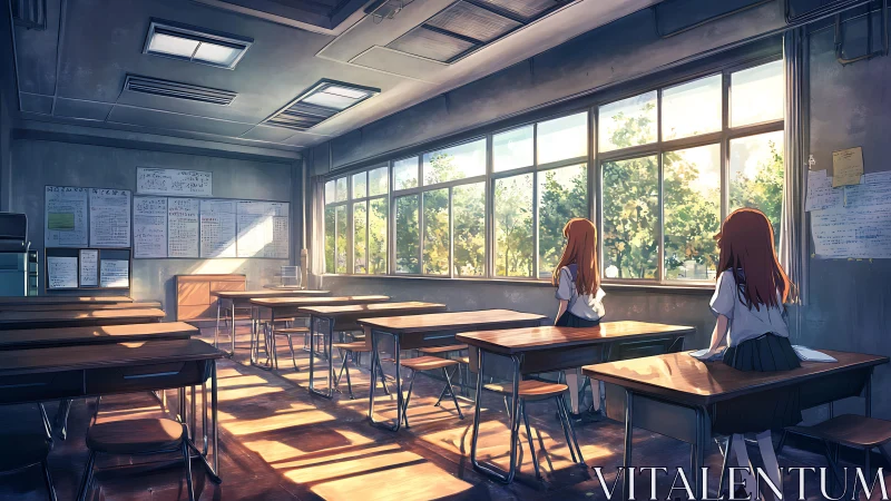 Anime classroom interior with dual figures and sunset lighting.