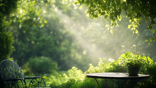 Sunlit garden patio with metal chair and round table.