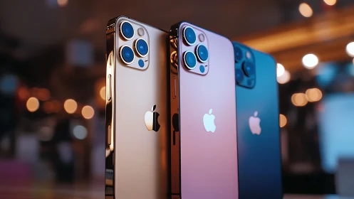 Shiny smartphones lined up in glowing, colorful city light.