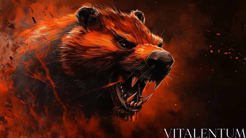 Ferocious bear head roaring amid intense red smoke.