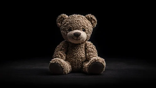 Soft brown teddy bear resting in a cozy spotlight glow.