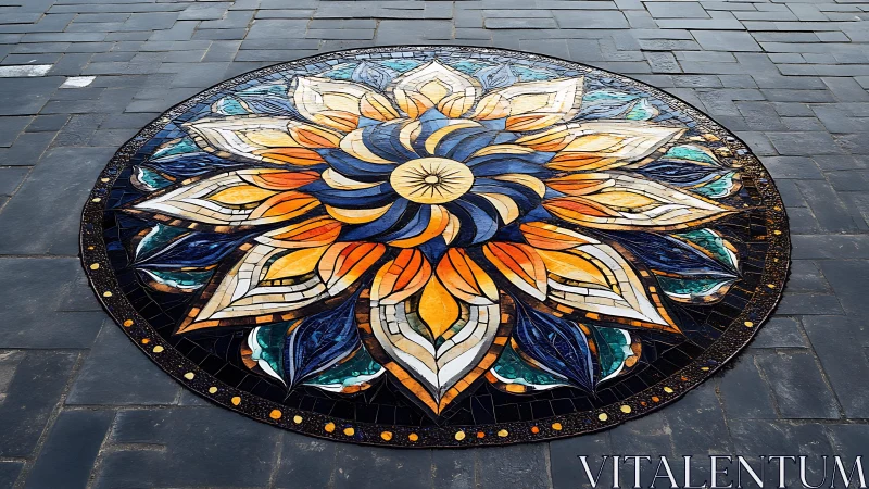 Radial stained glass style floral pavement mosaic mandala