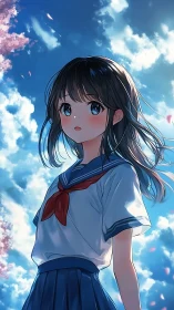 Anime schoolgirl under bright spring sky with petals.