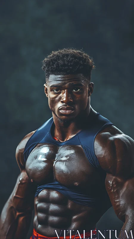 Muscular male athlete posing under dramatic studio lighting.