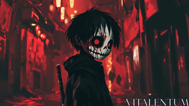 Masked street wraith stands in neon-lit alleyway horror