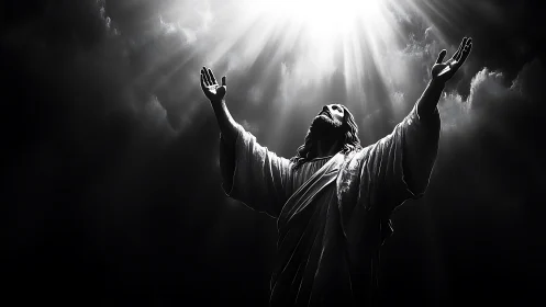 Radiant robed figure reaches toward heaven in divine light.