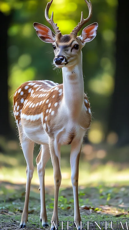 Spotted young deer stands alert in shallow depth-of-field forest